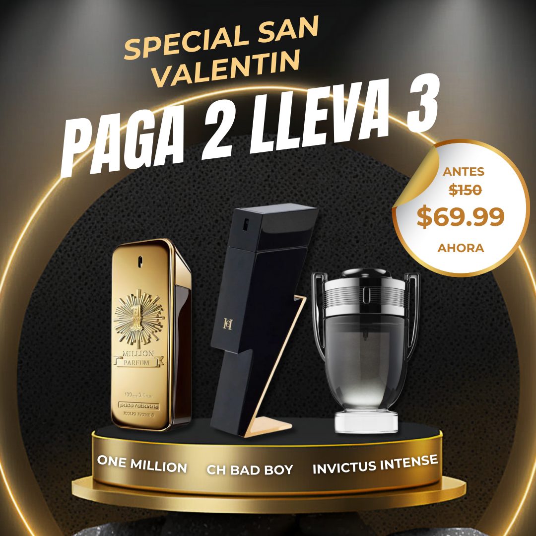 KIT 3 PERFUMES - PROMO SAN VALENTIN - ONE MILLION, BAD BOY, INVICTUS INTENSE