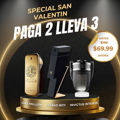 KIT 3 PERFUMES - PROMO SAN VALENTIN - ONE MILLION, BAD BOY, INVICTUS INTENSE